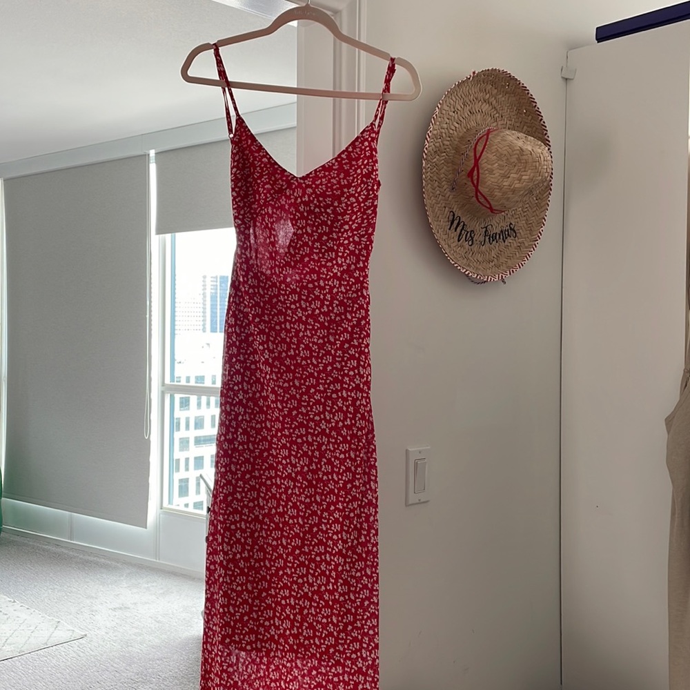 Princess Polly red floral midi dress with open tie back